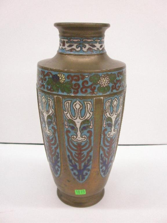 Chinese Champleve & Bronze Vase: Chinese champleve & bronze vase, signed on base, H 12", 19th c.
