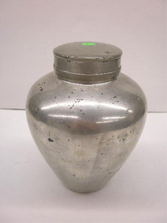 Chinese Pewter Covered Ginger Jar: 19th c. Chinese pewter covered ginger jar with interior & exterior lids, signed on base, 9 1/2"h