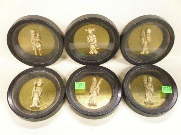 Set Of Six Coasters With Carved Ivory Immortals: Set Of Six Coasters With Carved Ivory Immortals behind block plastic frames with cork backs. mid 20th C. 35/8" Diam No International Shipping