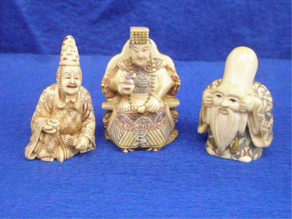 Three Ivory Netsuke's: Three Ivory Netsuke's, 44 mm polychrome emperor on throne, 48 mm seated old lady with tea cup, polychrome 39 mm fukurokuji. 20th c., 2 signed [43]. No International Shipping No International Shipping