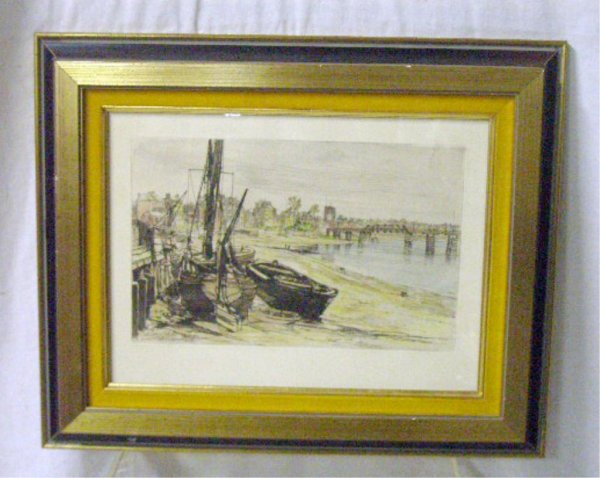 Charles J. Watson Colored Etching: Charles J. Watson, 1879, signed and dated, colored etching, "Chelsea". 9h x 12w=image