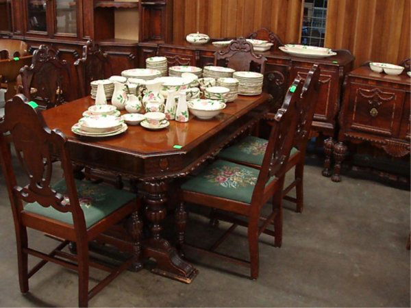 Jacobean Dining Room Set: 9 Piece Jacobean Dining Room Set (no china closet), 6 chair have needlepoint seats