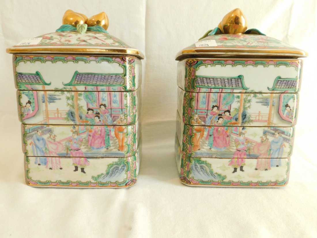 Pair Oriental Rose Medallion Stacked Boxes (1 of 2)