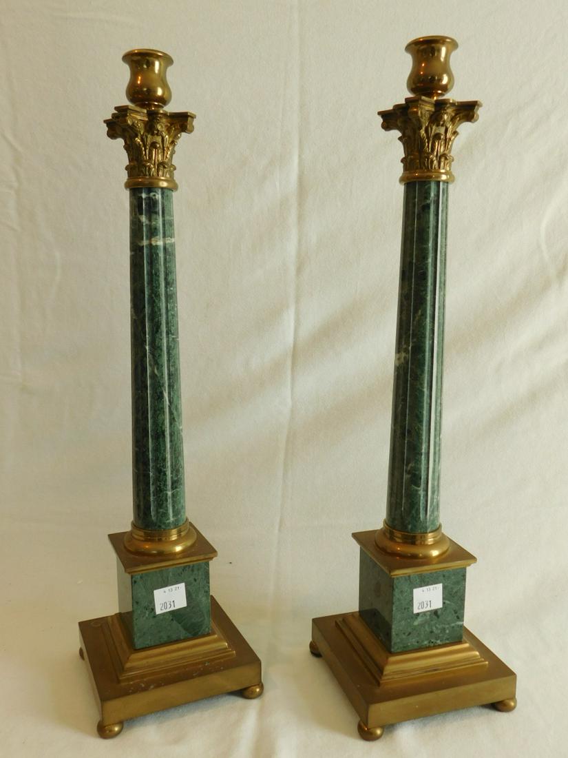 Pair Green Marble & Brass Tall Candlesticks (1 of 3)