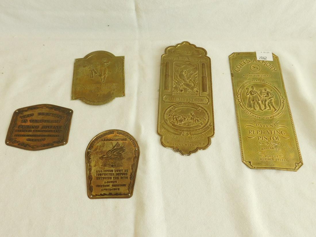 5 Brass and Copper Plaques: 5 Brass and copper plaques including Colt's, Sharps, golf, Warwickshire, Powell scaffolding, various sizes, largest 10" l. Condition; tarnish