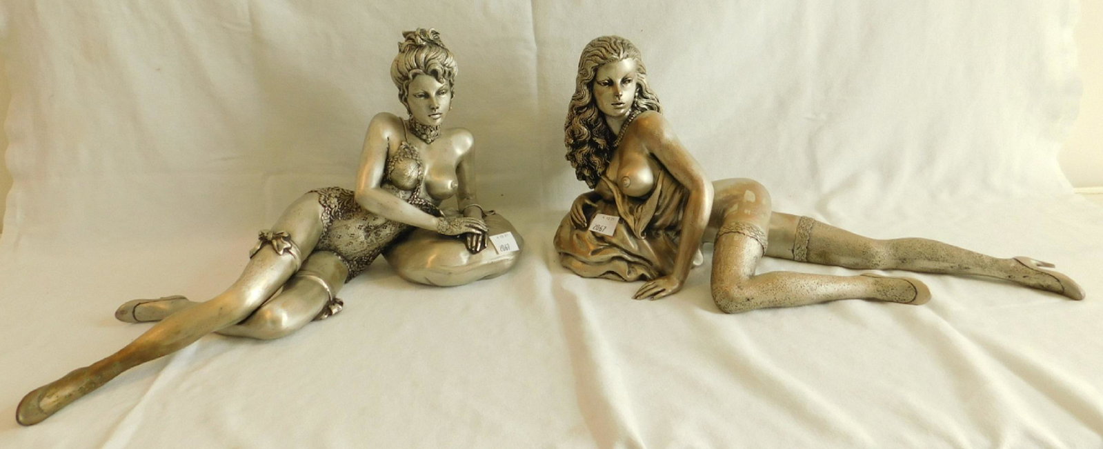 Pair Bondi? Pewter Finished Cast Metal Sculptures: Pair Bondi? pewter finished cast metal sculptures, semi nude reclining females10" h. x 23" l. Appraisal $2300. Condition; areas of finish wear
