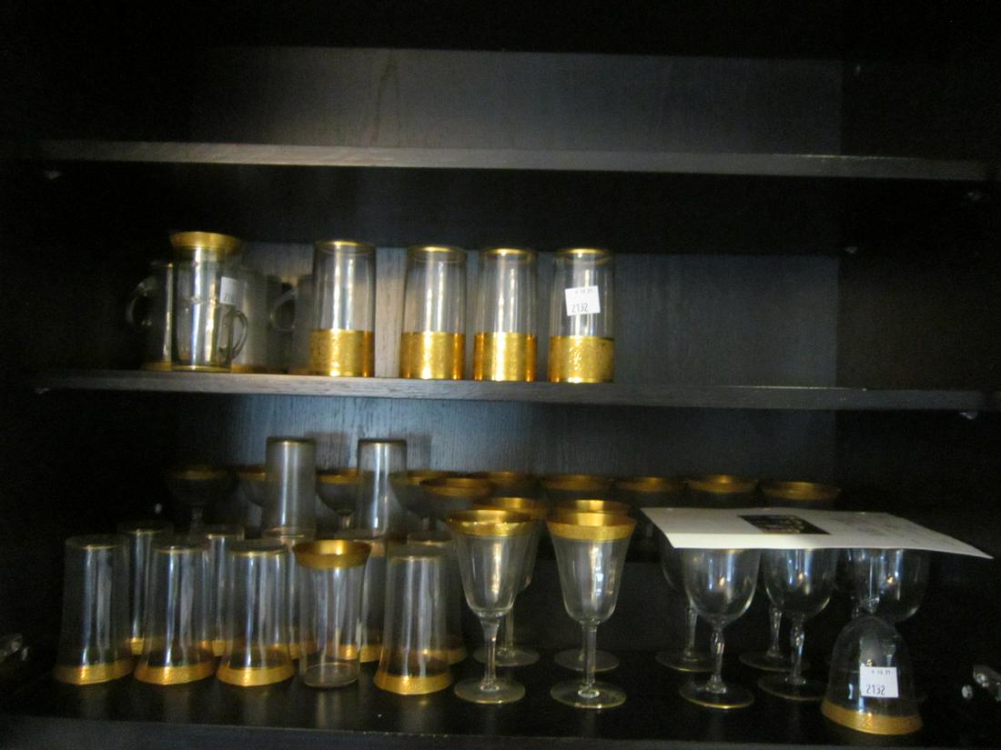 Moser Type Wedding Band Glasses: Moser type Wedding Band glasses including; (12) Old Fashion Tumblers, 5 1/4", (10) Sherbets, 3", (4) water stemmed goblets, 6 3/4", (7) wine goblets, 6 1/2", (6 coffee tumbler, 5 1/4" and (4) wide ban