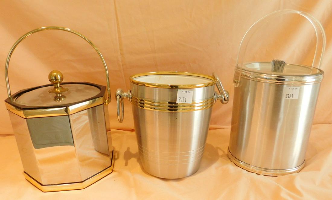 Geo. Briard & other bar pieces: Geo. Briard & other bar pieces including George Briard brushed aluminum and lucite ice bucket, Craftware polished steel and brass finished ice bucket and brushed aluminum and brass wine cooler. Condit