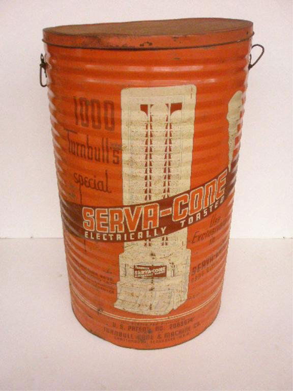 1930's Ice Cream Cone Store Tin: 1930's Ice cream cone 26 1/2" advertising store tin, Turnbull Cone & Machine Co., Chattanooga, Tennessee, 1000 Turnbull's special Serva-Cone, Electrically Toaster, to be used exclusively in Serva-Cone
