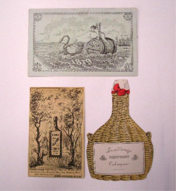 Victorian Advertising Trade Cards: Three Victorian era advertising trade cards, cough syrup, cologne & gin