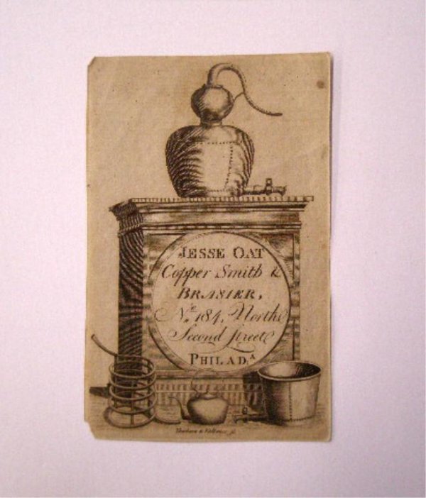18th c. Paper Trade Card: 18th c. paper trade card, Jesse Oat, Copper Smith & Brasier, No. 184 North Second Street, Philad: A