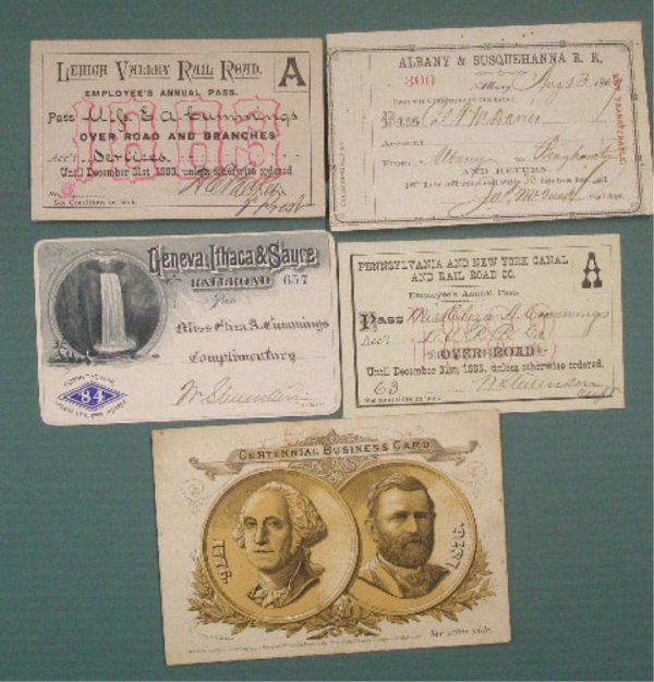 19th c. Railroad Passes & Trade Card: Five 19th c. railroad passes & trade card, 1869 Albany & Susquehanna pass, 1883 Pennsylvania and New York Canal pass, 1884 Geneva, Ithaca & Sayre pass & 1876 Phila. Centennial Lake Shore & Michigan So