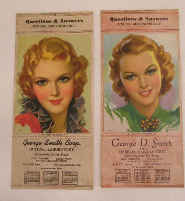 1939 Advertising Calendars: Two 1939 George D. Smith Inc. Optical Laboratory, Philadelphia, Pa., advertising calendars/Questions & Answers for Fun Knowledge