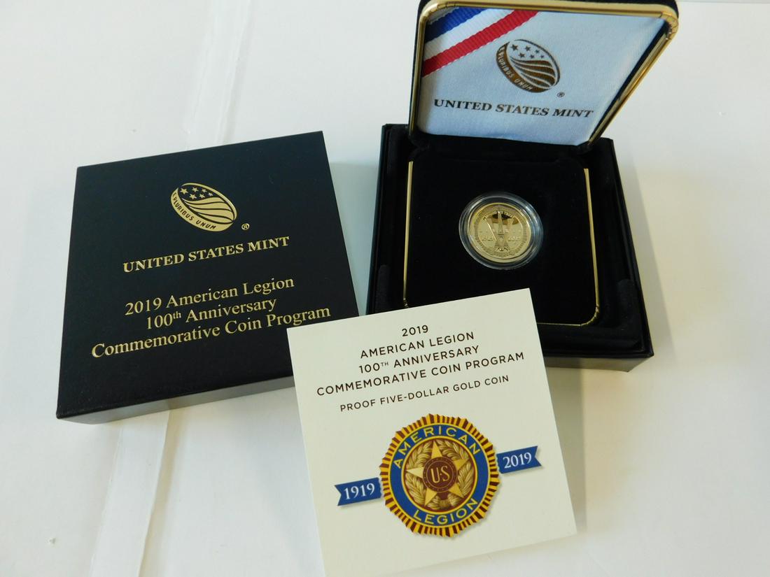 2019 W American Legion Proof Gold Coin: 2019 W American Legion Proof Gold Coin, $5 denomination, 8.359 grams; 90% gold, 6% silver, balance copper, original boxes and certificate. CONDITION: Proof. Must be certified check (must wait to clear