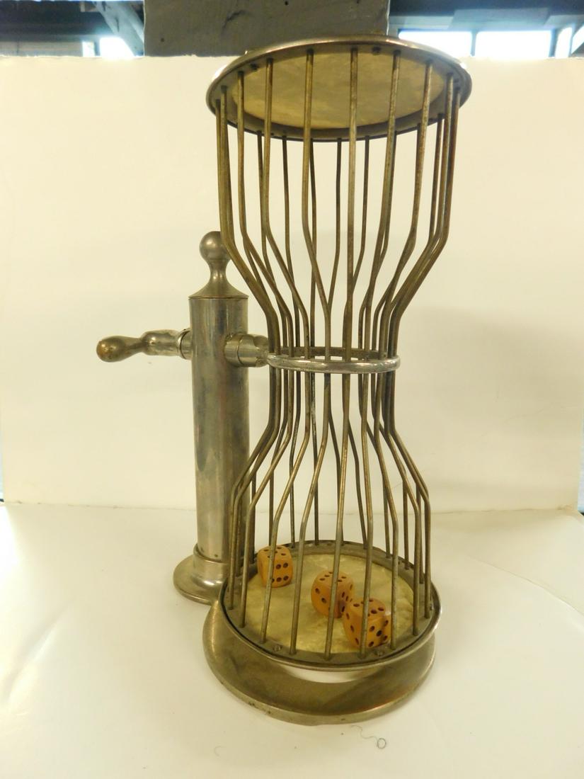 Antique Hour Glass Dice Roller: Antique Hour Glass Dice Roller, nickle plated brass with drum top and bottom, height 11 1/4", 19th / 20th C. CONDITION: Very good working condition, areas of light nickle wear.