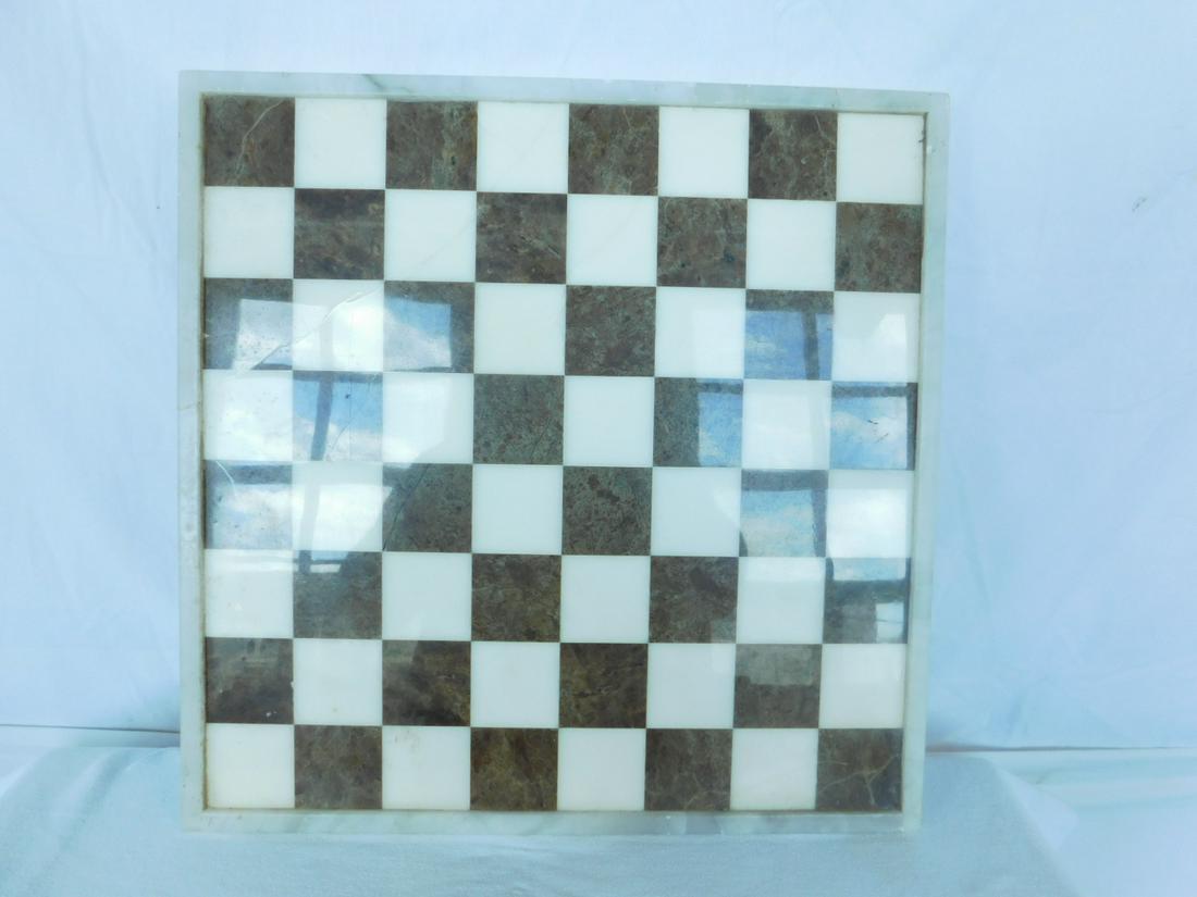 Onyx & Marble Chess Board: White Onyx and Marble Chess Board, raised border on cup feet; brown and cream colored marble blocks, mid 20th C., 17 3/4" x 17 3/4" x 1 3/8". CONDITION: Stone with natural crack line imperfections, so