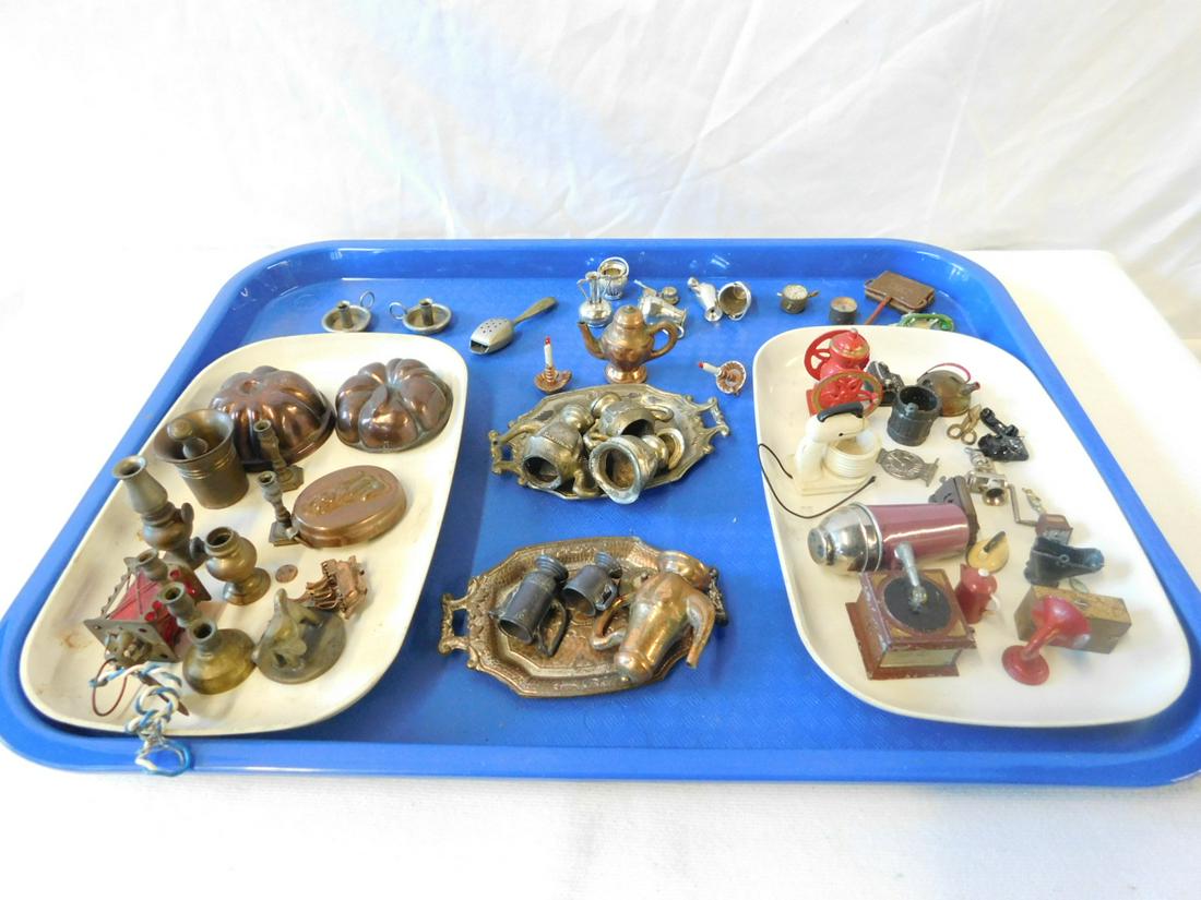 Vintage Metal Doll House Accessories: Vintage Metal Doll House Accessories includes: occupied Japan and other coffee sets, three tin lined copper jell molds, brass mortar and pestle and candle sticks, painted metal coffee grinder, mixer, 