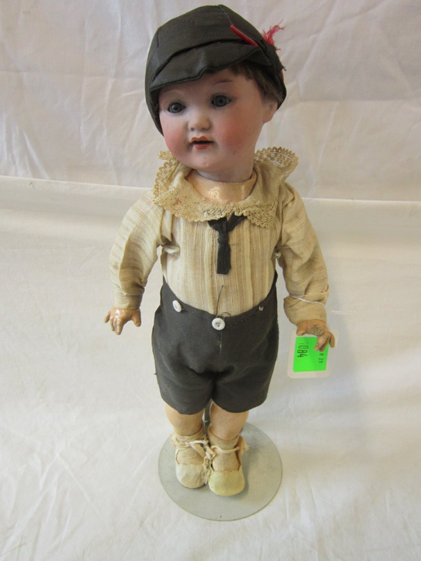 Armand Marseille Bisque Head Boy Doll: Armand Marseille Bisque Head Boy Doll, incised A 975 M, Germany, ), 3 1/2" bisque head, blue sleep eyes, open mouth, hand painted face, eyelashes and eyebrows, detached wig, jointed fixed arm and leg