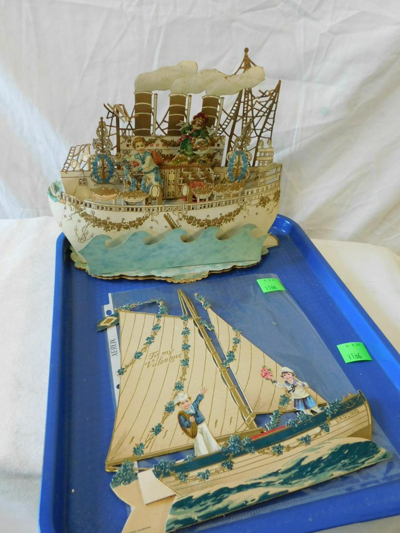 2 Large Victorian Boat Fold Out Valentine Cards: Two Large Victorian Fold Out Valentine Cards, two dimensional, both embossed chromolithographed, includes: three stack steam ship with figures, approx. 12"l, 10 1/2h and a German sailboat with two fig