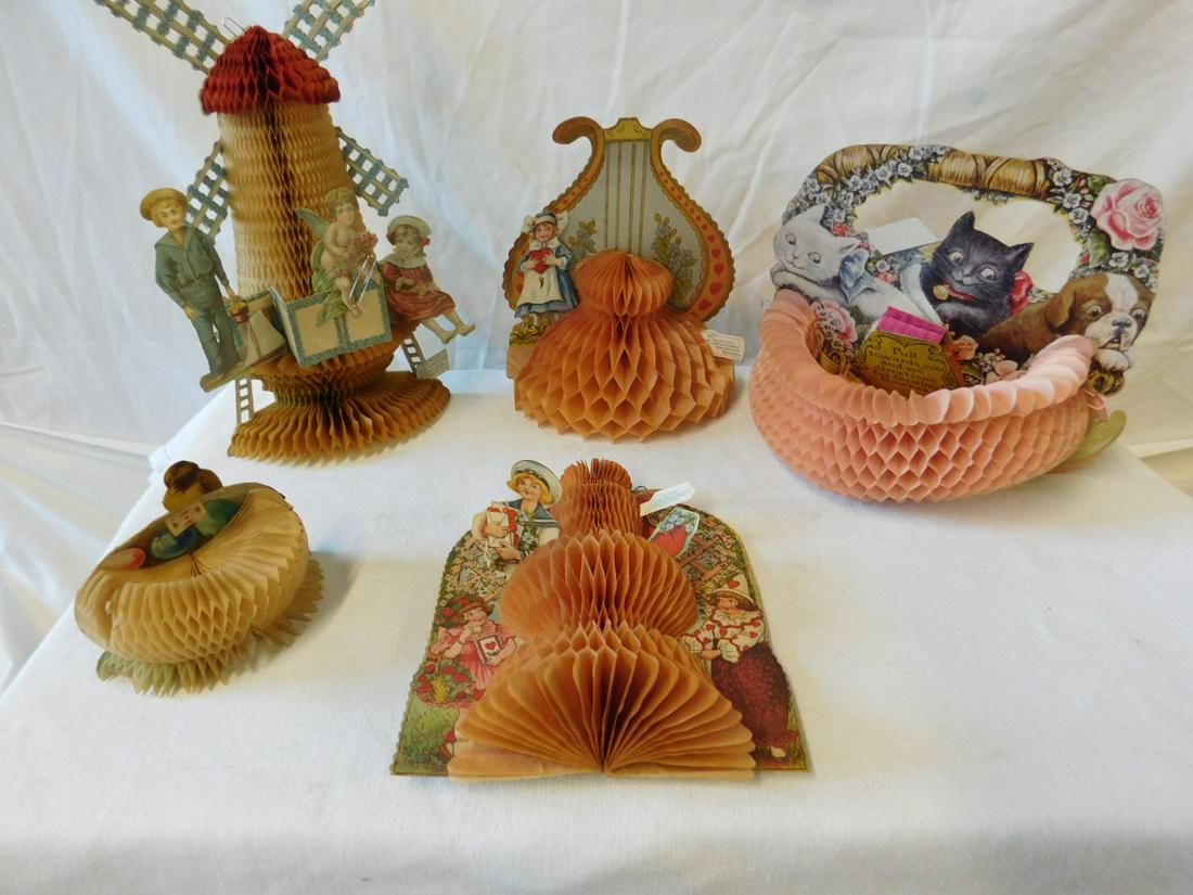 5 Vintage Fold Out Crepe Paper Cards: Five Vintage Fold Out Crepe Paper Cards, Valentine, illustrated with animals and figures, with Windmill, Harp, Basket, etc, early 20th C, from 3 1/2" to 11". CONDITION: Very good, few folds and edge w