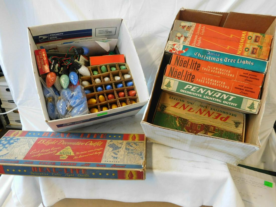 Group of Vintage Christmas Lights: Group of Vintage Christmas Lights, includes: seven boxed Noma, pennant and Noel - Lite lights, plus numerous vintage bulbs, etc., mid 20th C. CONDITION: No issues identified.