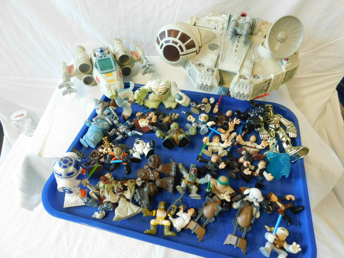 Hasbro Star Wars Ships & Figures: Hasbro Star Wars Ships and Figures, for Playskool including: Millenium Falcon, 12" x 13" x 8 1/2" with sound effects, X-wing, 8 1/2" x 9" x 4" with movable X-foils, plus approx. 30 figurines including