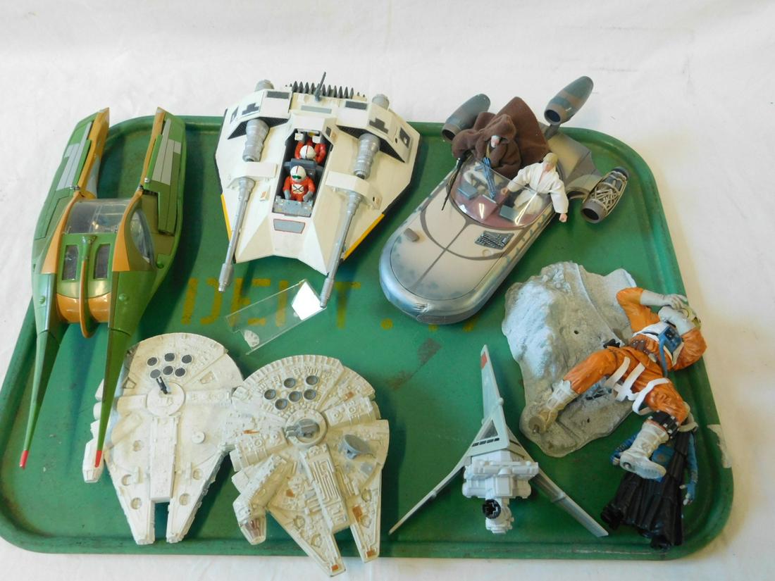 Star Wars Collectible Ships & Figures: Star Wars Collectible Ships and Figures including: Kenner and other Millenium Falcon, 6", Galoob Imperial Fighter, 5 1/2", Snow Speeder with two figures, 8", Hasbro rolling Land Speeder with Luke and 