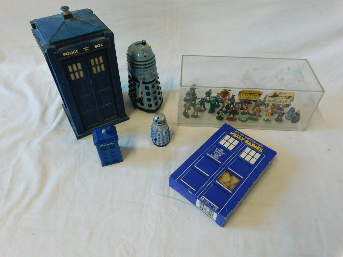 Dr. Who Figurines & Collectible: Dr. Who Figurines and Collectible including: 30+ miniature metal hand painted figurines, 1/2" - 1 1/4"h, in hard plastic case, large plastic Tardis phone booth, 8 3/4", Corgi, 2 3/4" Tardis phone boot