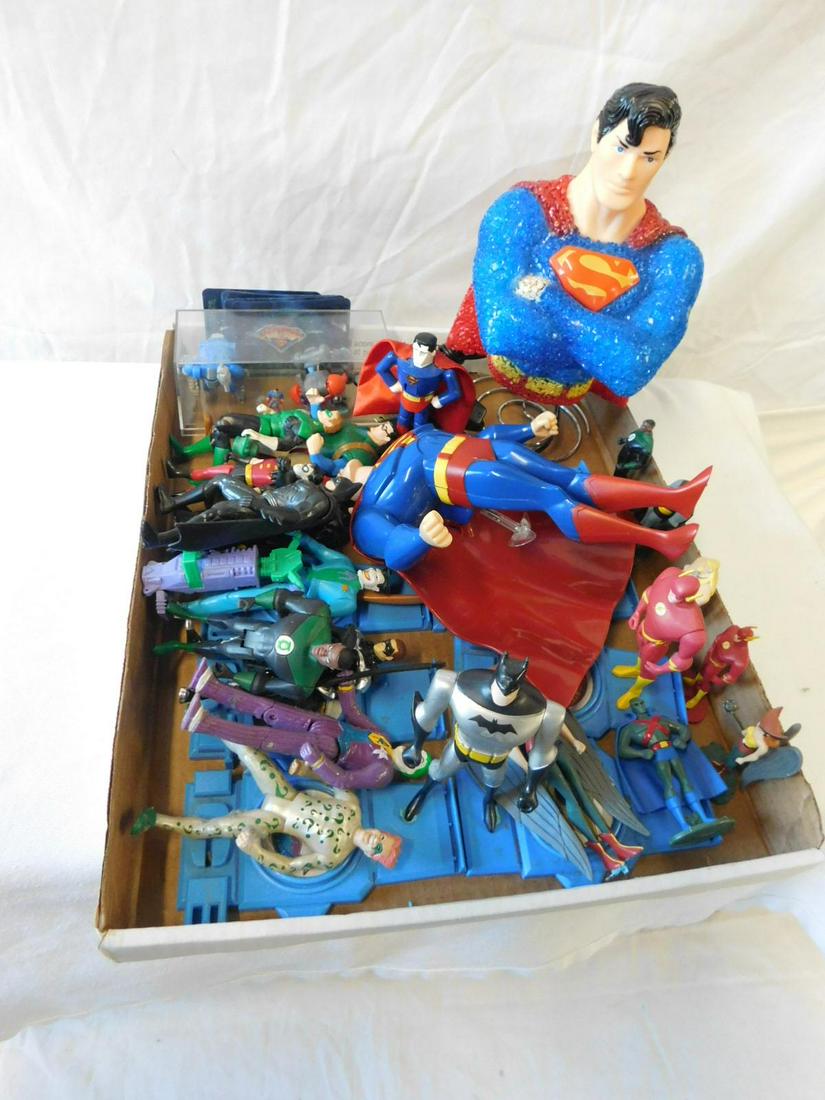 DC Super Hero Collectibles: DC Super Hero Collectibles, including; Superman night light, 9 3/4", plastic Justice League, Batman Heroes and Villains plastic figures (with custom stands), 4 1/2" - 5", seven painted metal Justice L