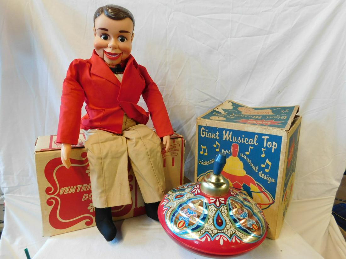 Ventriloquist Doll & Giant Top: Ventriloquist Doll and Giant Top, two vintage toys, both in original boxes including: Juro Novelty Co. Ventriloquist doll "TVs Top Stars", Charlie McCarthy #203227, 24 1/2", plus 1962 Prestige Toys, T