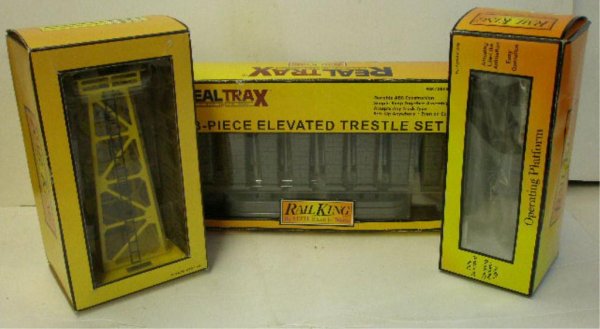 MTH Rail King Train Accessories: MTH Rail King train accessories w/boxes, #30-90190 Old Reading Brewing Operating Freight Platform, #30-9025 RK#395 Floodlight Tower & #40-1034 eight piece Elevated Trestle System