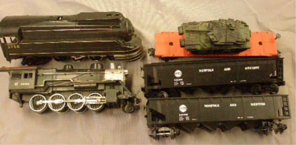 MTH Rail King Trains: MTH Rail King trains, BN 616475 Burlington Northern Flat Car w/Tank, (2) #131248 Norfolk & Western Hopper cars, #3768 engine & #7688 PRR engine
