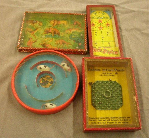 1930's-50's Dexterity Puzzles: Four 1930's-50's dexterity puzzles, In Door Hopscotch, Mice in a maze, Jungle Puzzle & Rabbits In Corn Puzzle