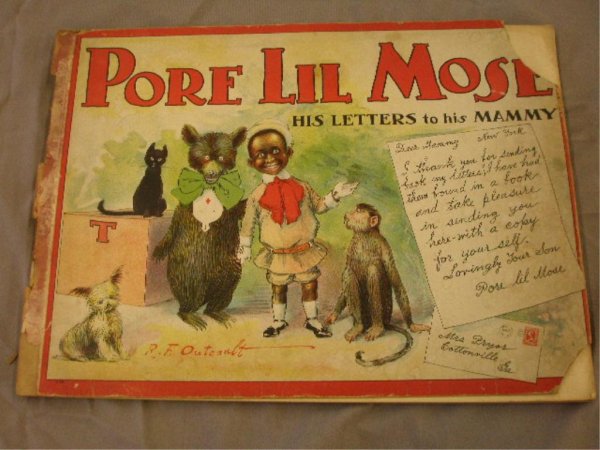 Pore Lil Mose His Letters to his Mammy Book: 1902 Pore Lil Mose His Letters to his Mommy by R.F. Outcault children's book, complete w/36 leaves printed on rectos only, each leaf telling a different Lil Mose story in comic form, published by Gran