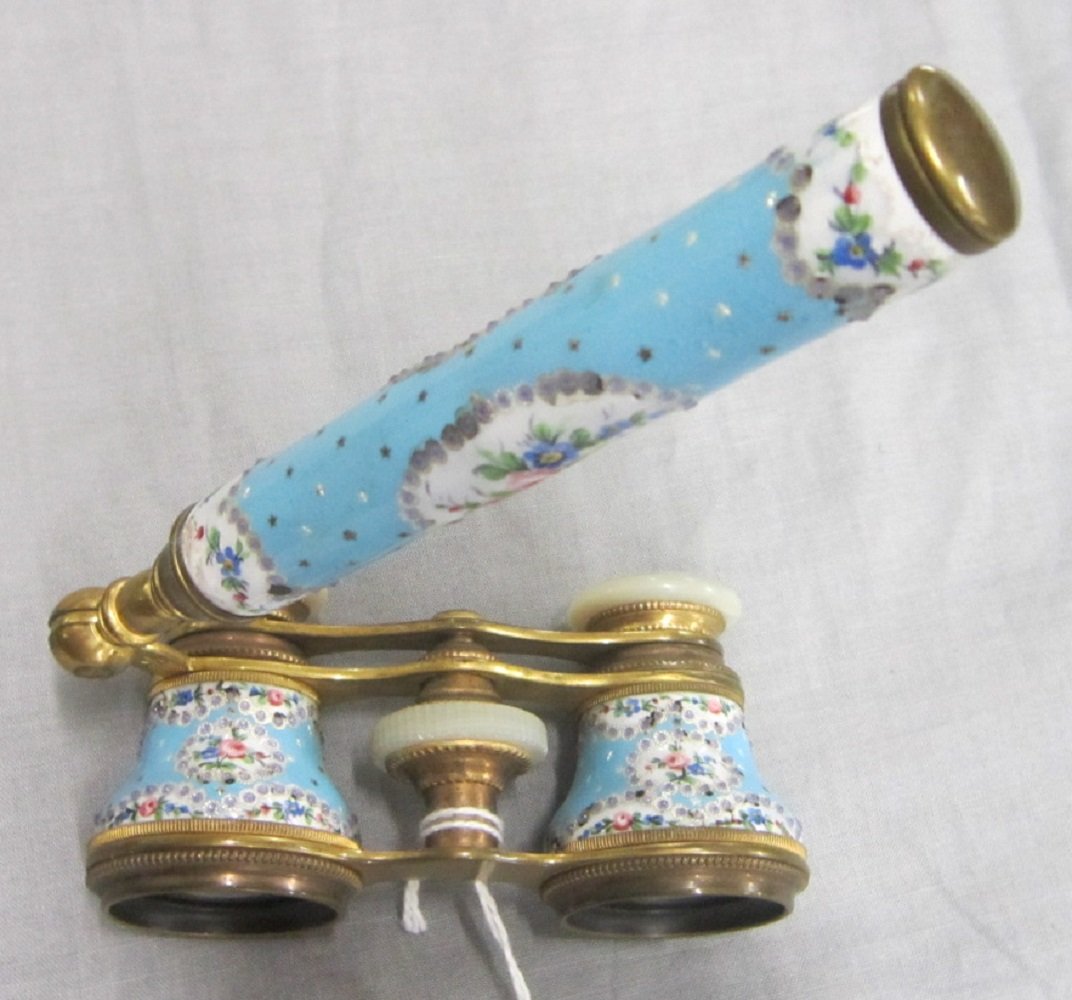 Antique French Enameled Opera Glasses: Antique French Enameled Opera Glasses by March and, Paris, pastel blue enameling with painted roses, raised silver beading and stars, matching fold out handle, mother of pearl eye covers, early 20th C