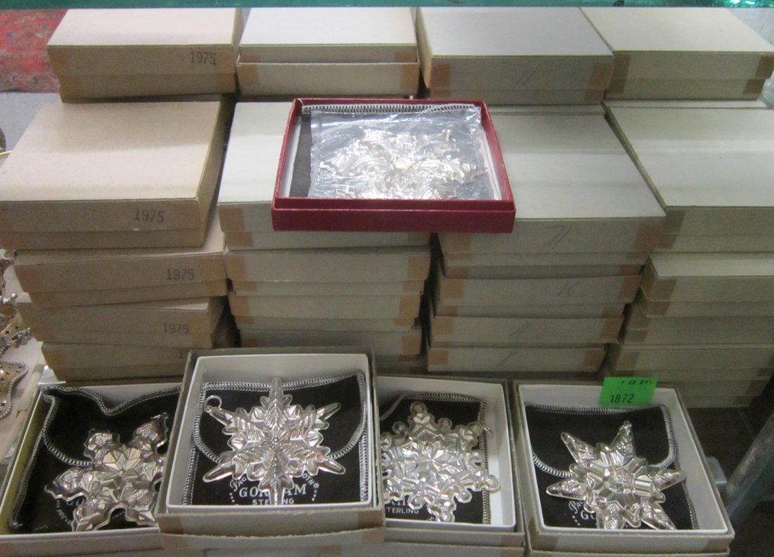 48 Gorham Sterling Snowflakes: 48 Gorham Sterling Snowflakes, limited annual edition, including; twelve each of 1970 (approx. .61 ozts each), 1971 (approx .74 ozts each), 1972 (approx .58 ozts each) and 1975 (approx .66 ozts each),