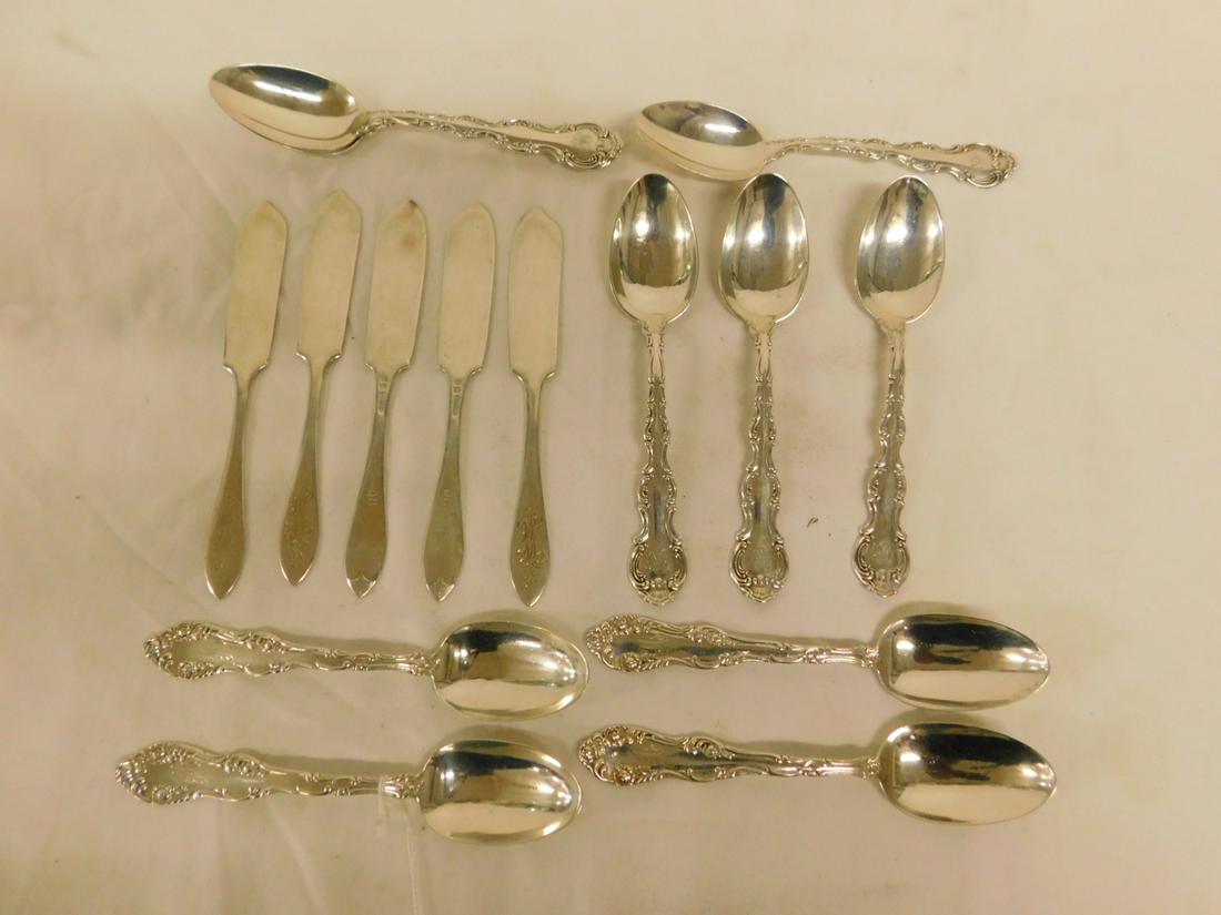 Sterling Silver Flatware Group: Sterling Silver Flatware Group, includes: four Towle, Old English pattern (1892) teaspoons; five Towle Vespera ? pattern (1961) solid butter knives monogrammed "SWM"; and six Kind & Sons unknown patte