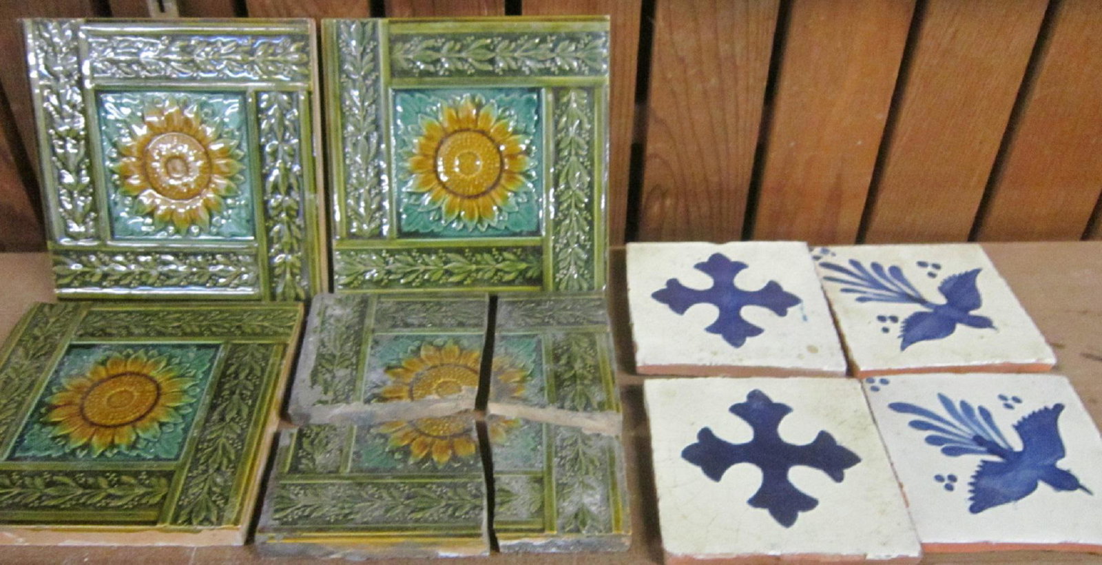 Minton Ceramic & Other Terra Cotta Tiles: Minton Ceramic and Other Terra Cotta Tiles, four Minton Tile Works 6" square ceramic tiles with sunflower and floral relief decoration, plus four unmarked terra cotta glazed tiles, 4" square each, two