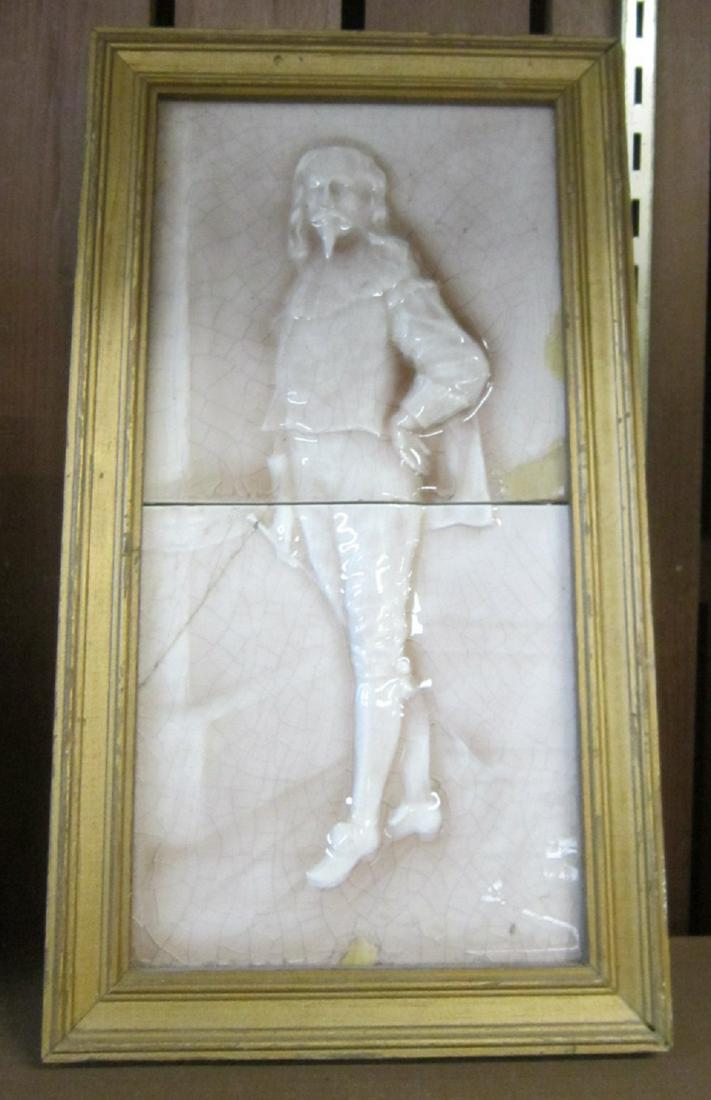 Framed Providential Art Pottery Tiles: Framed Providential Art Pottery Tiles, Providential Tile Works, Trenton NJ, relief - decorated two piece figure of a 17th C. man, beige and white glossy glaze, 6" square tiles (top and bottom of figur