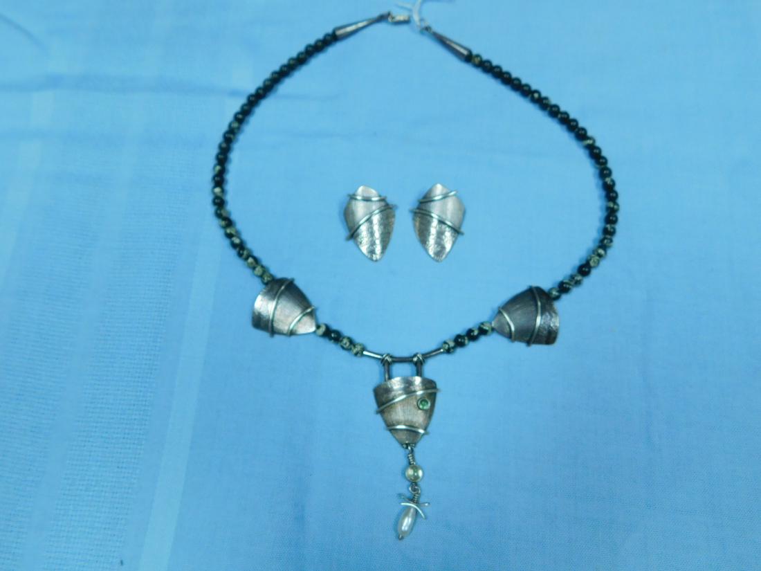 Sterling Modernist Demi Parure: Sterling Modernist Demi Parure, artist signed Garibaldi necklace and earrings set, pendant cabochon blue topaz, moonstone and baroque pearl, stone beads with spacers and matching pierced earrings, 18"