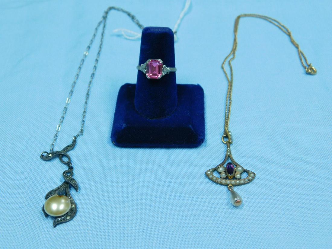 2 Art Deco Lavalieres & Ring: Two Art Deco Lavalieres and Ring, includes: a gold filled fan form drop with oval bezel set amethyst, seed and pendant pearl and a thin 15" chain, plus a sterling and marcasite foliate shape and faux,