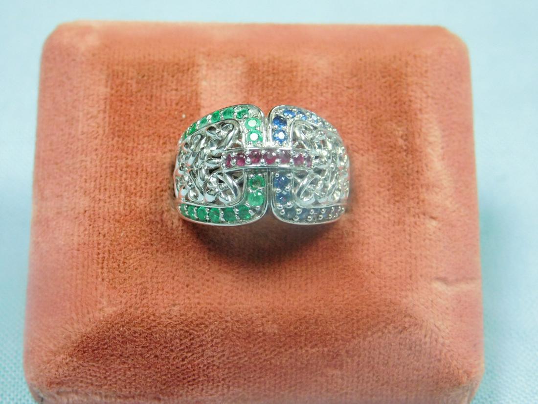 Sterling Ring w/Gemstones: Sterling Ring with Gemstones, emeralds, rubies and sapphires, size 6.5 ozt. [11] CONDITION: Very fine.