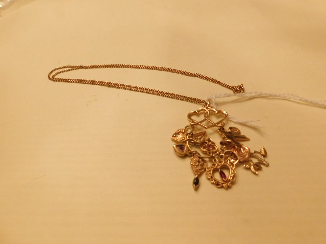 14k Chain & Heart Charm Holder: 14k chain and heart charm holder, with 10 charms with stones, 18" chain, 1 1/4" double heart holder. 6.5DWT. CONDITION: Very good vintage [36]