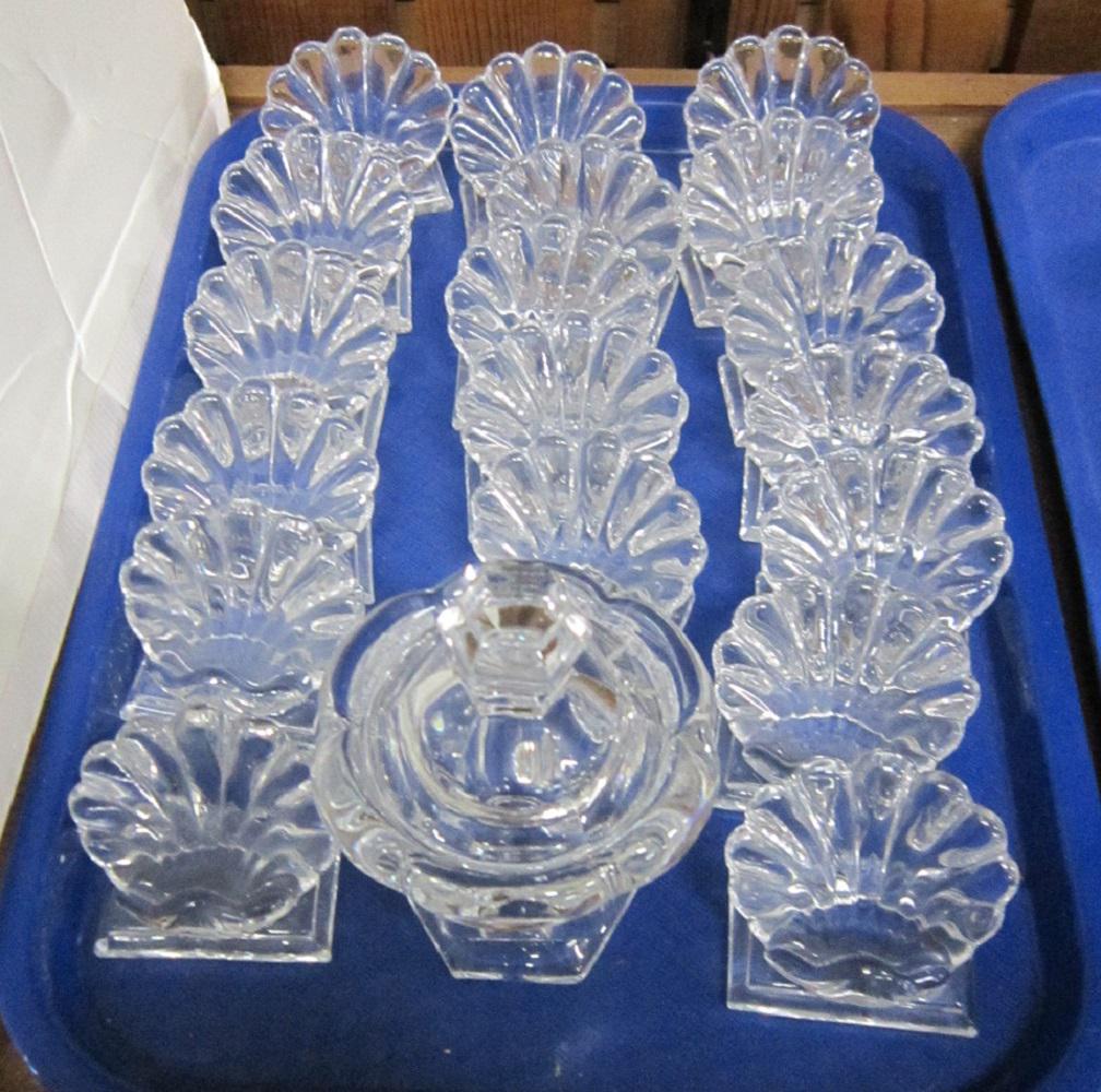 Baccarat Condiment & 18 Card Holders: Baccarat Condiment and 18 Card Holders, lidded condiment jar, no spoon, 4 1/2", plus eighteen shell form place card holders, 2 3/8" x 1 7/8" x 2"h, all clear crystal, all with Baccarat mark under base