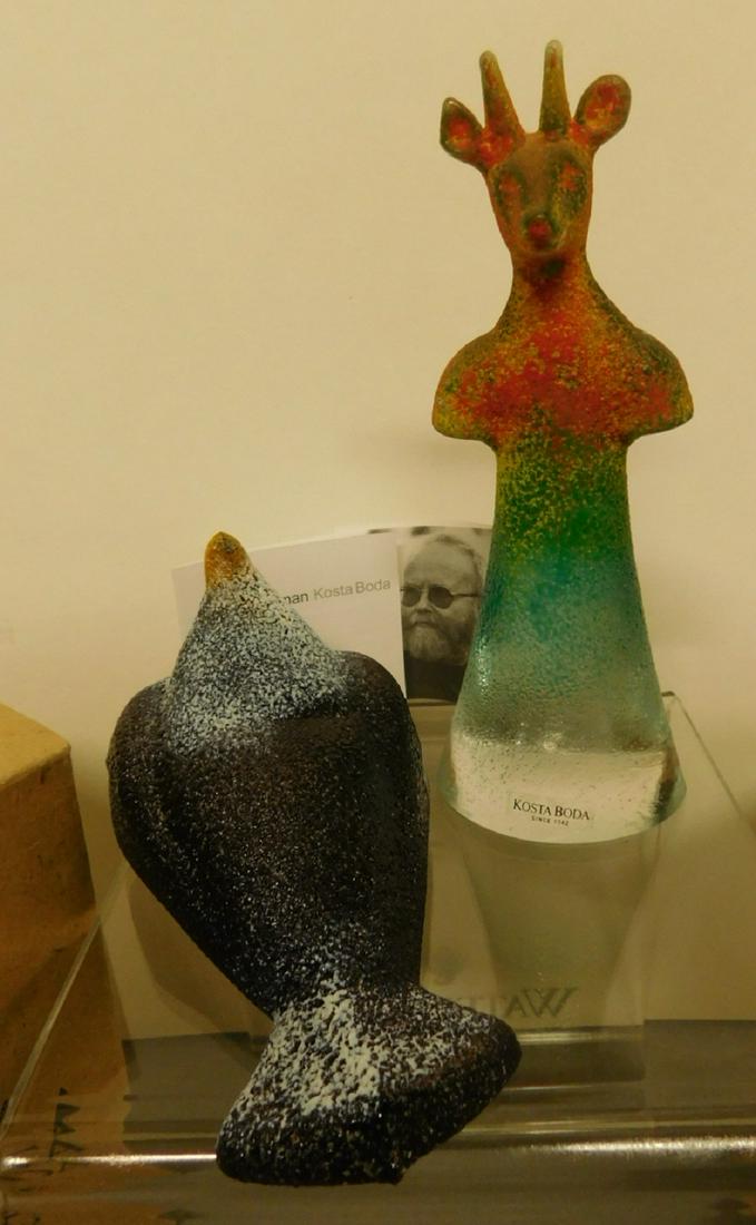 2 Kosta Boda Glass Sculptures: Two Kosta Boda Glass Sculptures, designed by Kjell Engman, textured and colored glass includes: Deer No. 90131 and Bird No. 7090267, original boxes and pamphlets. CONDITION: Like new.