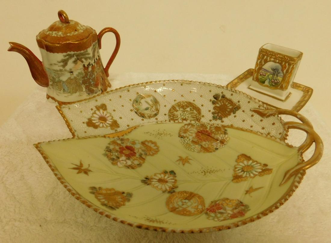 3 Pc Hand Painted Nippon: Three Pieces of Hand Painted Nippon, includes: tea pot, leaf shaped dish, match holder. CONDITION: Very good.