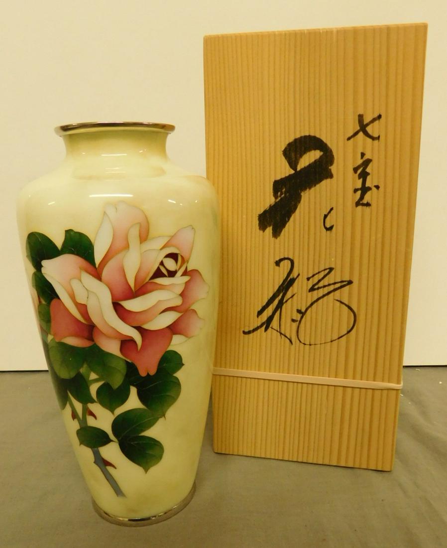 Japanese Cloisonne Vase: Japanese Cloisonne Vase, cream field with red rose and green foliage, silver finished metal top and base rims, wood stand, original wood container, mid 20th C, 8 1/2"h. CONDITION: Very fine, no issues