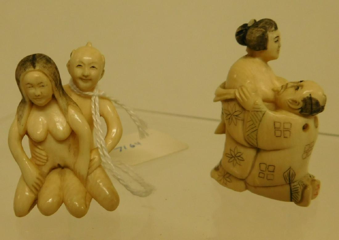 2 Chinese Erotic Netsukes: NOTE: No California or International Shipping. Two Chinese Erotic Netsukes, carved and ink stained, both signed, includes two partially robed figures, height 2" and two nude figures, 1 3/4", early 20t