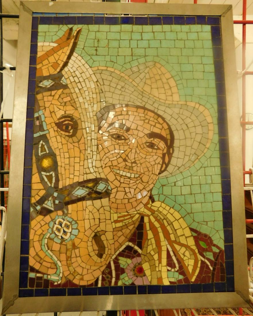 Mosaic Tile Pictorial Panel: Mosaic Tile Pictorial Panel, depicts a portrait of a Cowboy with his horse, possibly Roy Rogers and Trigger, stainless steel frame, 13 1/8" x 17 3/4", circa 1940-50. CONDITION: Very good, frame needs 