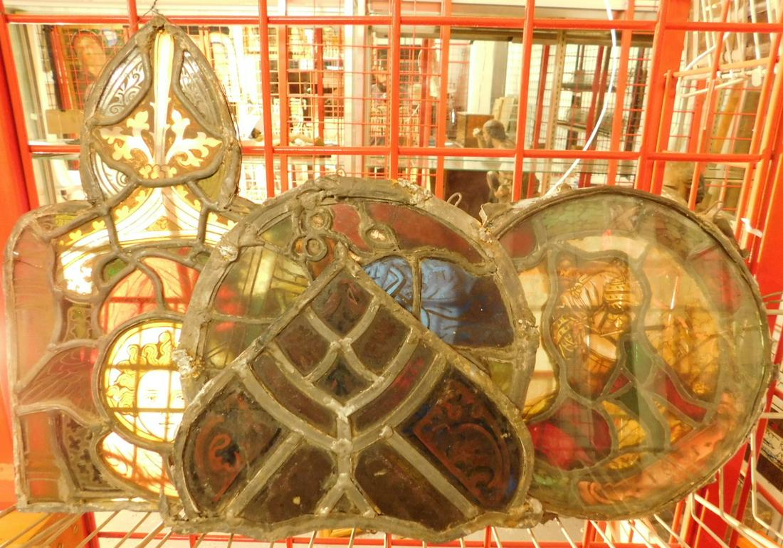 Small Painted & Stained Lead Glass Panels: Small Painted and Stained Lead Glass Panels unframed: includes: man with drum 9 1/2"d, figures at Baptism 9 1/2"d; an Angel mask with wings in arched setting 9" x 14" and a heart shaped section, 10" x